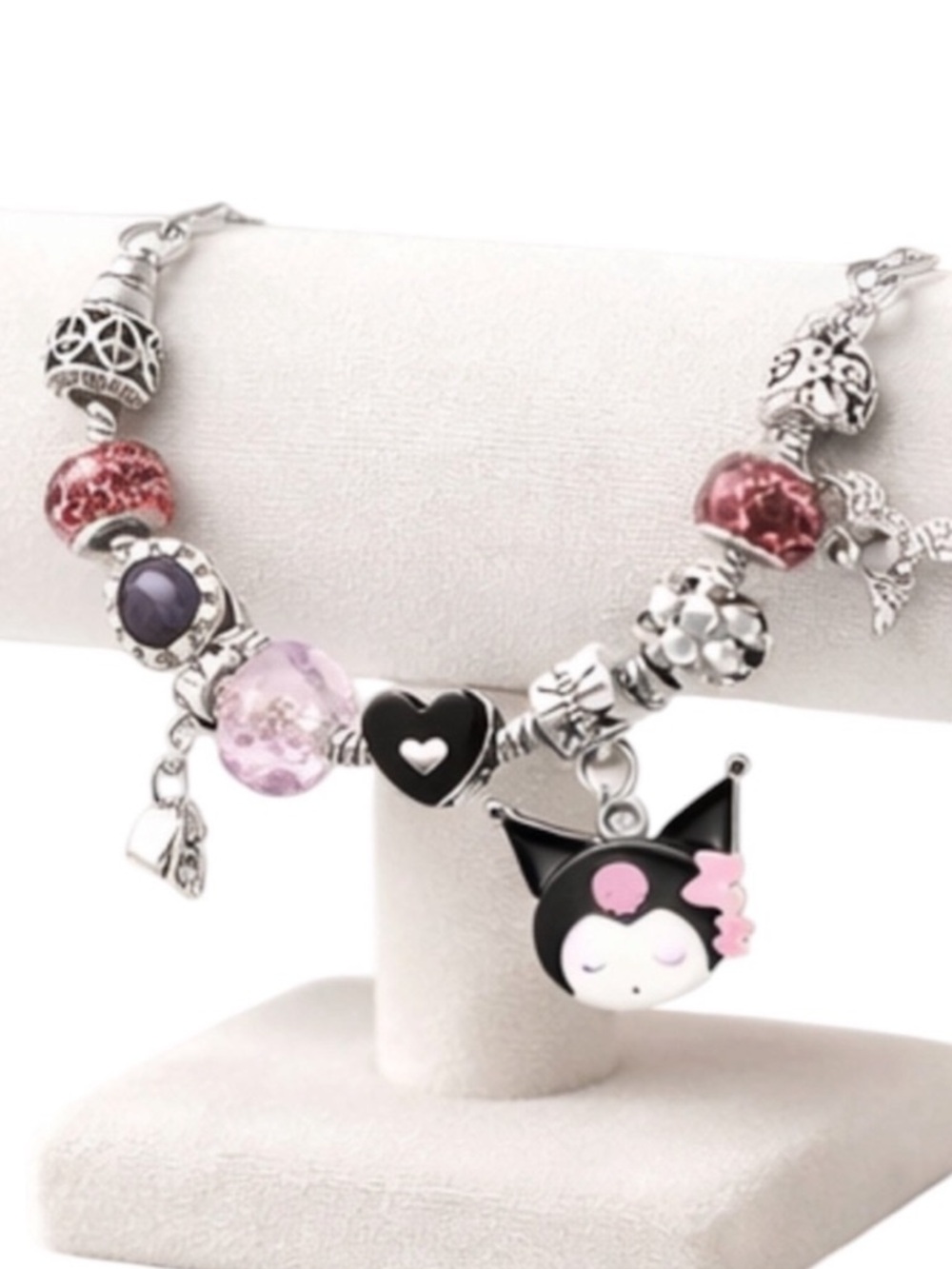 NWT Kuromi Charm Bracelet Silver Pink Purple Crystal Beads & Dangles